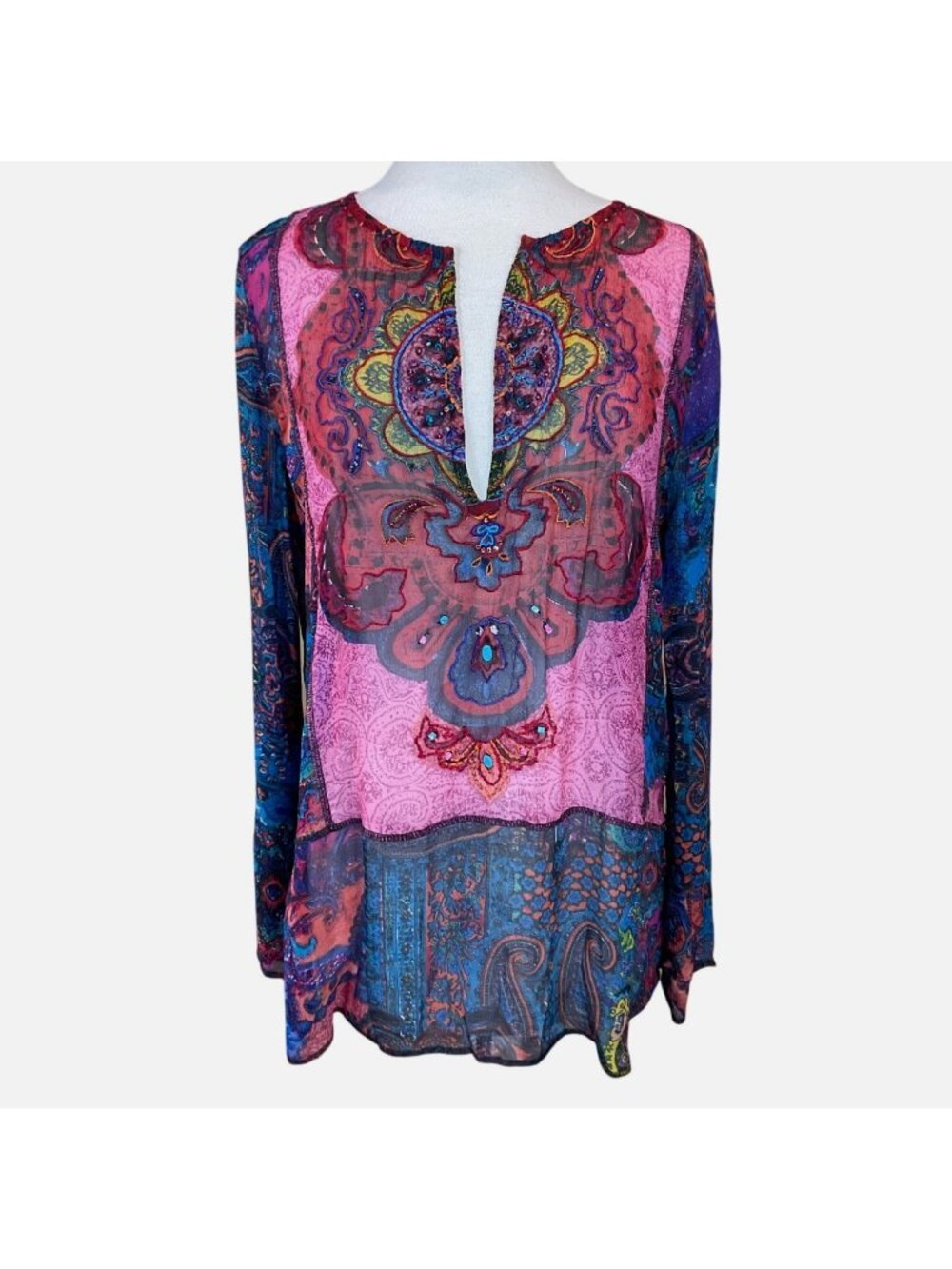 Chicos Ombre Long Sleeve Beaded Sheer Boho Mixed Print Tunic  M (12/14)